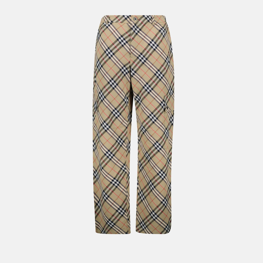 checkered trousers, straight-leg design, Burberry trousers, cotton linen blend, vintage-inspired fashion