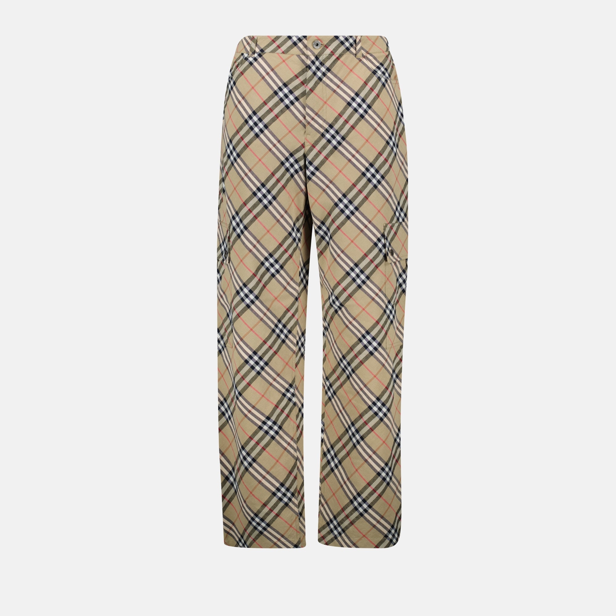 checkered trousers, straight-leg design, Burberry trousers, cotton linen blend, vintage-inspired fashion