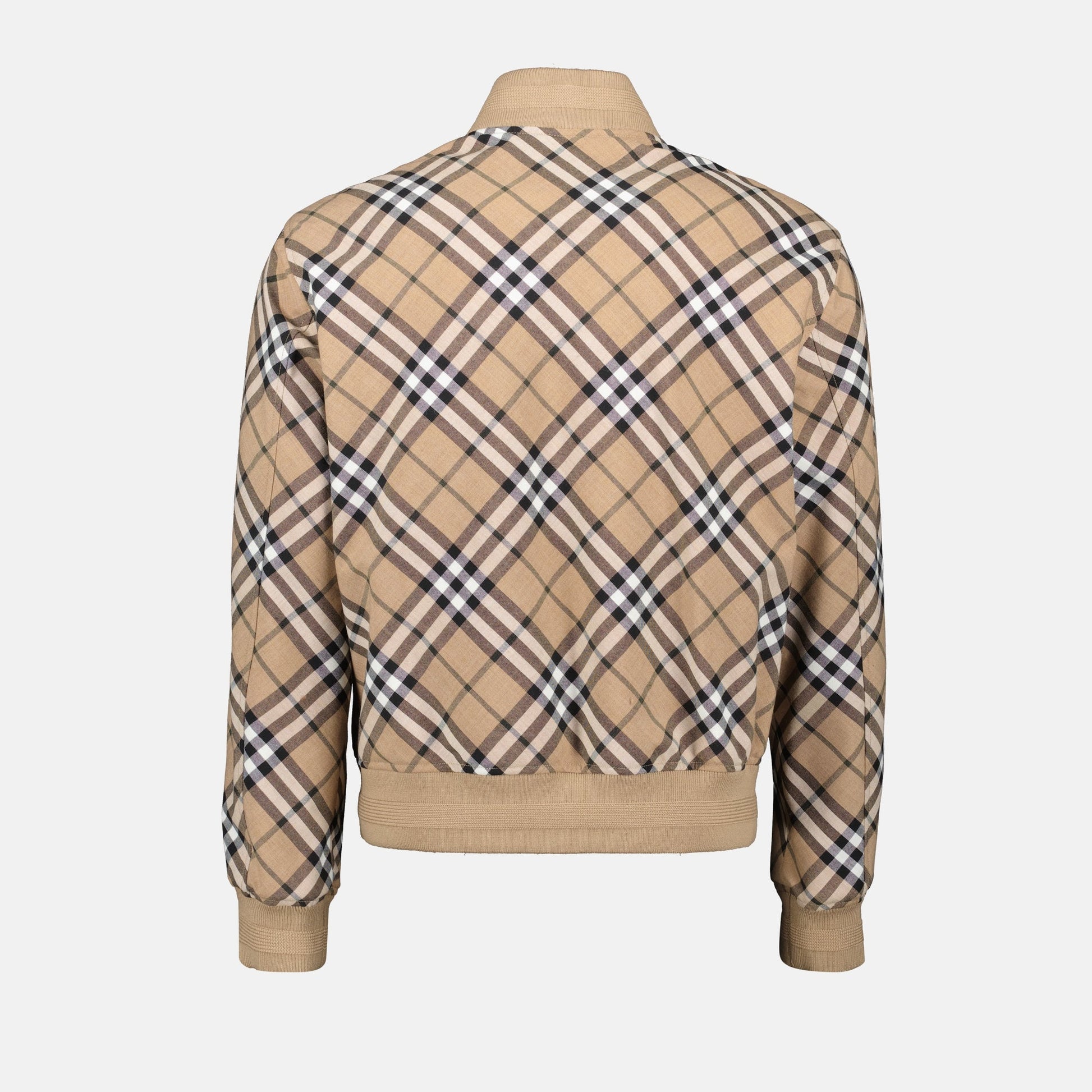 bomber jacket, checkered jacket, Burberry jacket, polyester wool blend, elegant outerwear