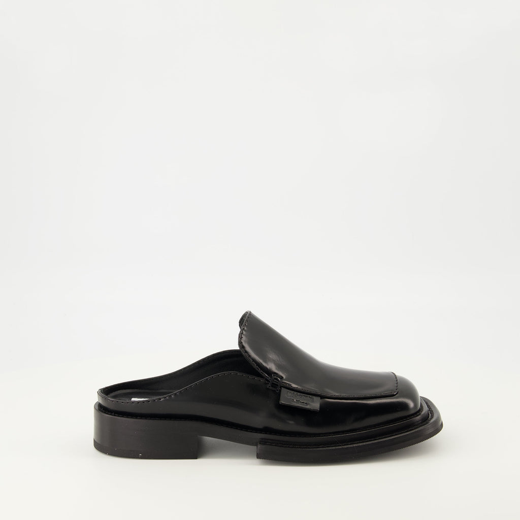 Moschino mules, patent leather footwear, black mules, comfortable slip-on shoes, women's designer shoes
