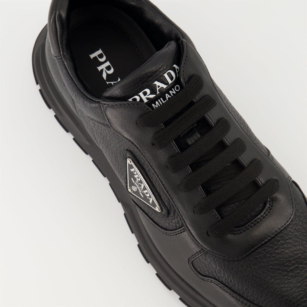 Prada sneakers, black leather sneakers, Prax 01 model, men's footwear, luxury menswear