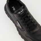 Prada sneakers, black leather sneakers, Prax 01 model, men's footwear, luxury menswear