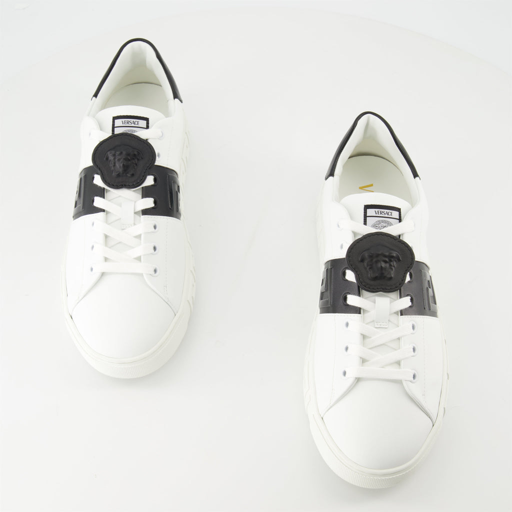 Versace sneakers, Greca design, black and white sneakers, smooth leather footwear, luxury casual shoes