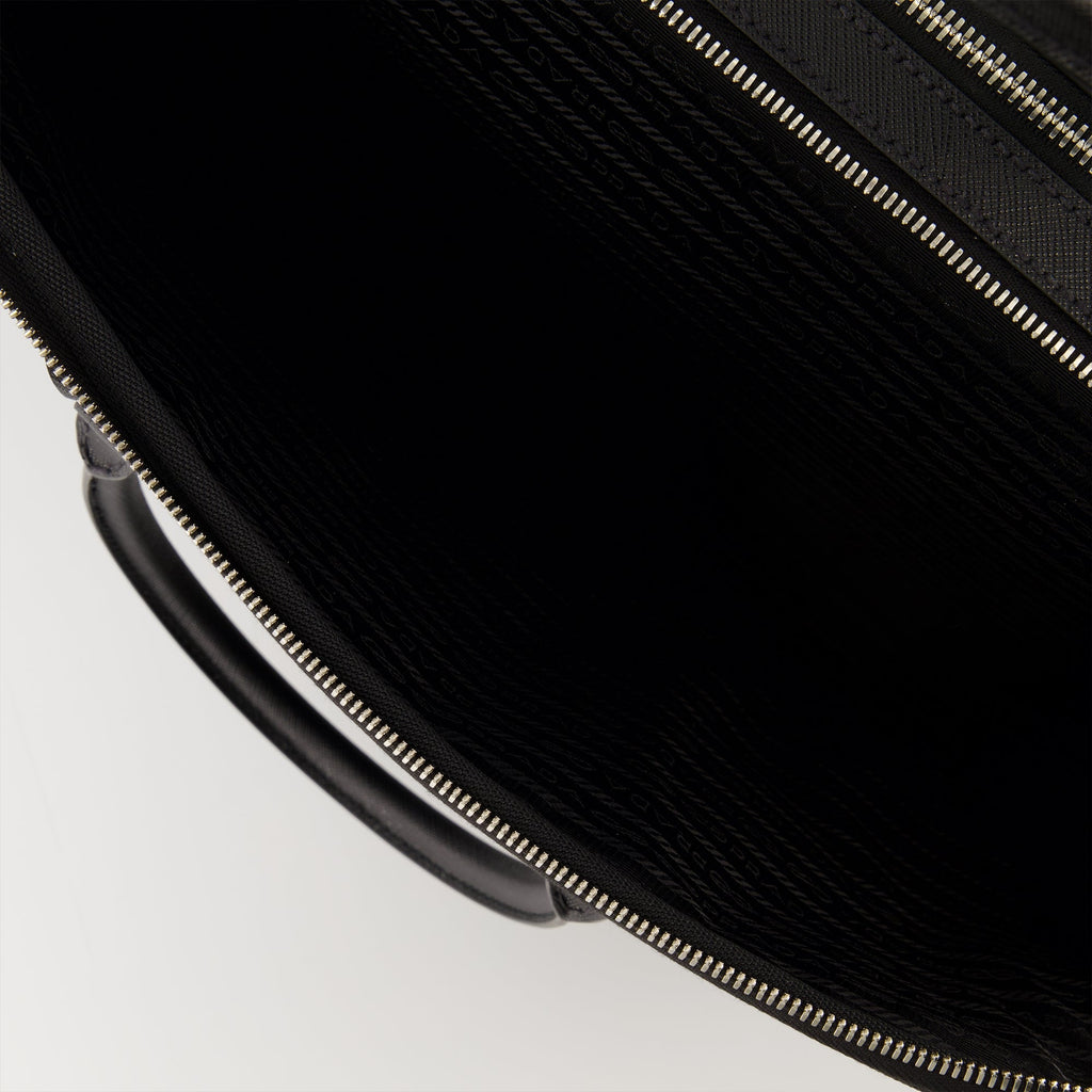 Prada briefcase, Saffiano leather bag, black leather briefcase, luxury leather accessories, designer briefcase