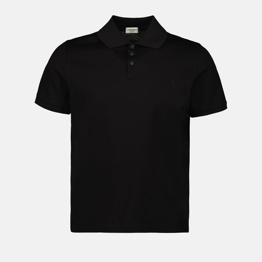 black polo shirt, embroidered emblem polo, classic polo design, cotton polyester blend, Saint Laurent AW2024