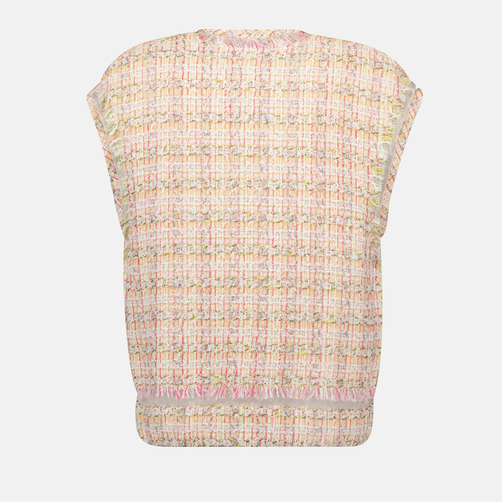 sleeveless jacket, tweed jacket, Versace style, women's outerwear, luxurious tweed