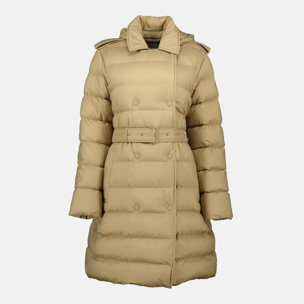 classic long coat, nylon outerwear, beige coat with hood, adjustable waist coat, checkered lining coat