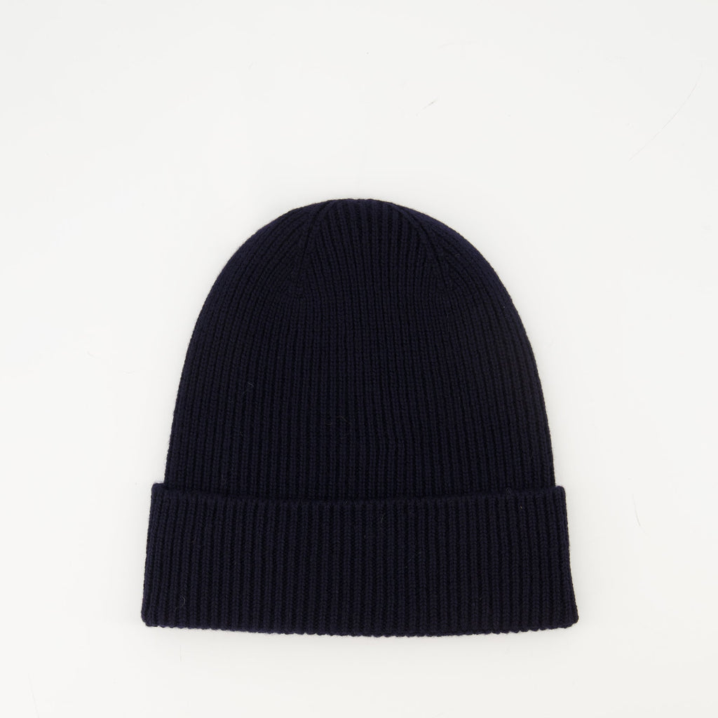 Moncler beanie, navy wool hat, pull-on beanie, winter accessories, felt logo beanie