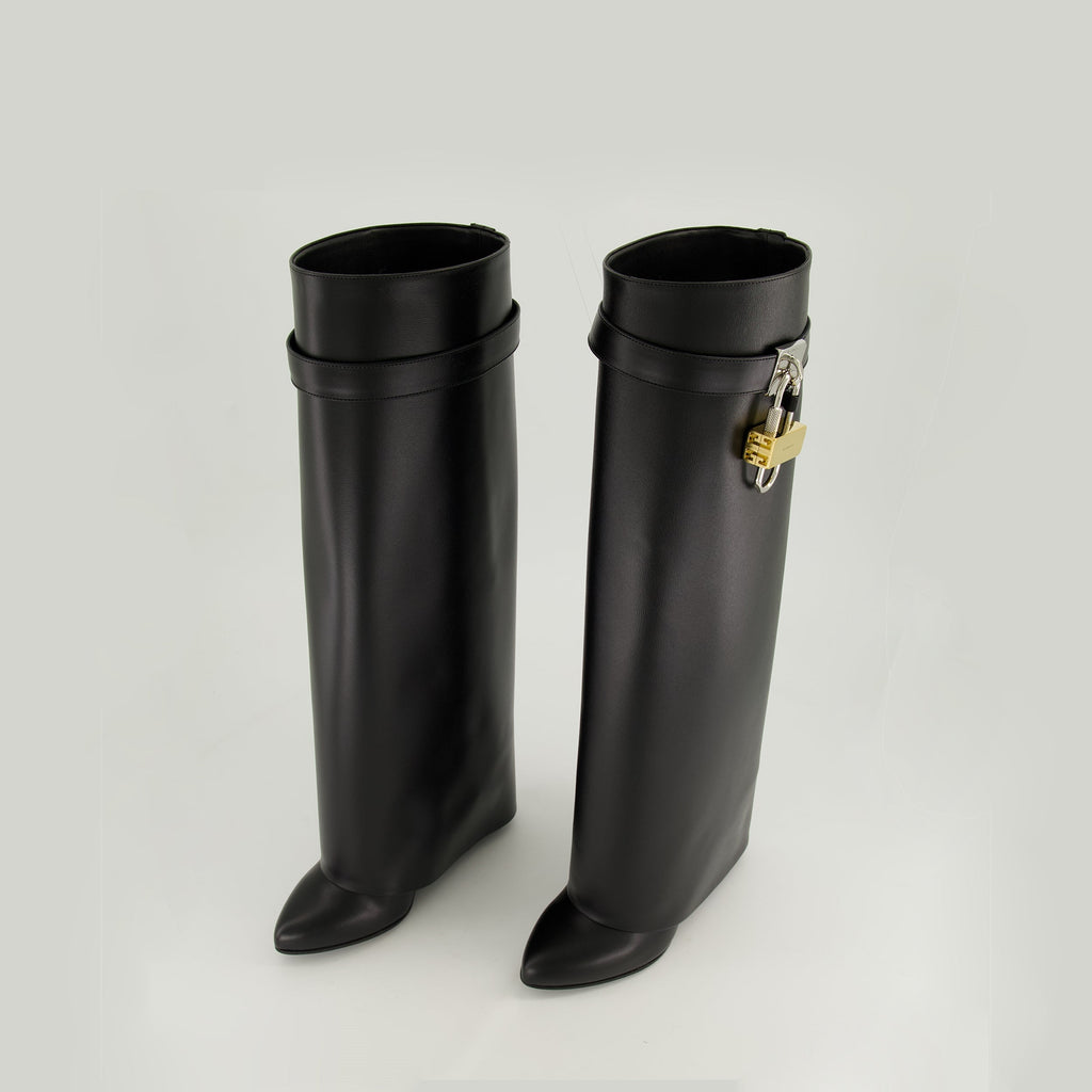 Givenchy Shark Lock boots, black leather boots, wedge heel boots, luxury footwear, designer footwear