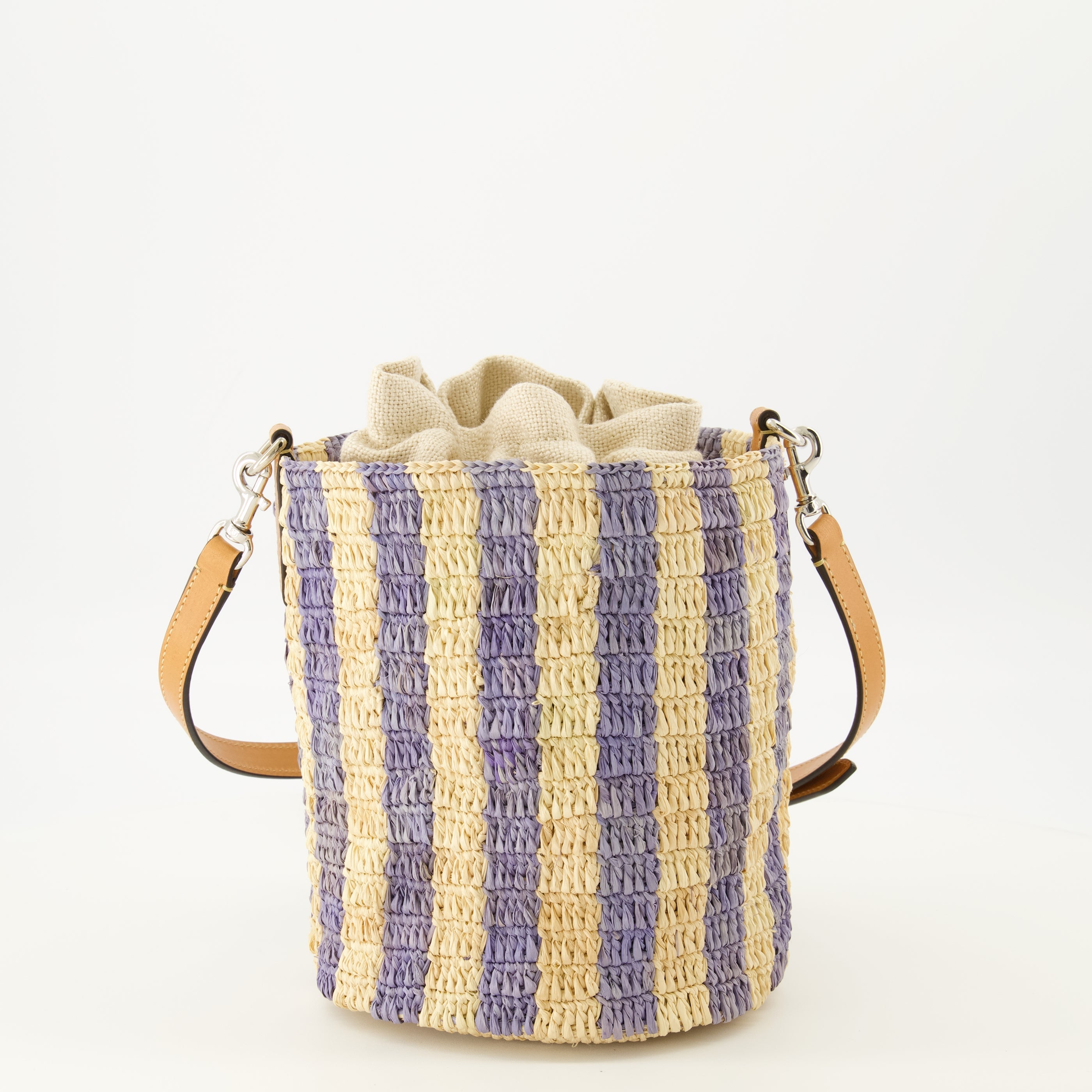 Piccola Borsa a Secchiello in Raffia con Motivo a Strisce Blu