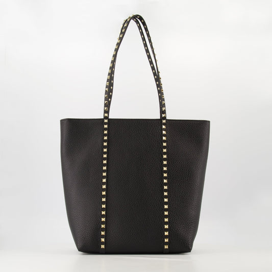 Rockstud Tote, Grained Leather, Removable Pouch, Platinum Finish, Black Tote Bag