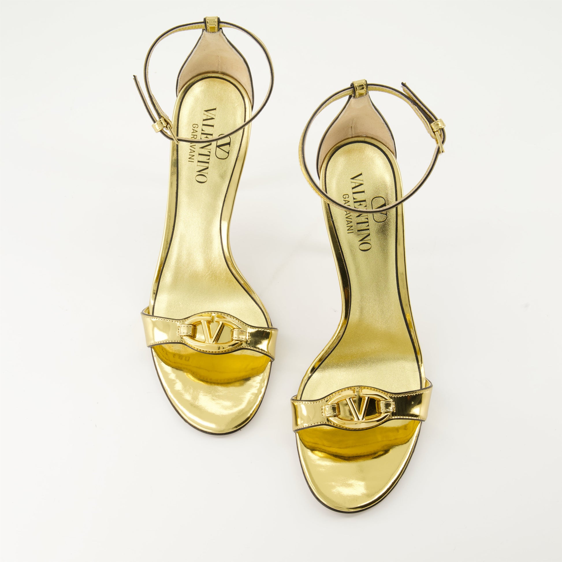 Gold leather heeled sandals, VLogo sandals, Valentino Garavani footwear, luxury open toe sandals, high-end leather shoes