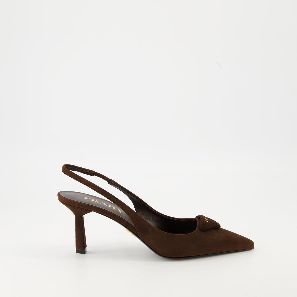 Prada heels, brown suede shoes, pointed toe heels, designer footwear, Autumn-Winter collection