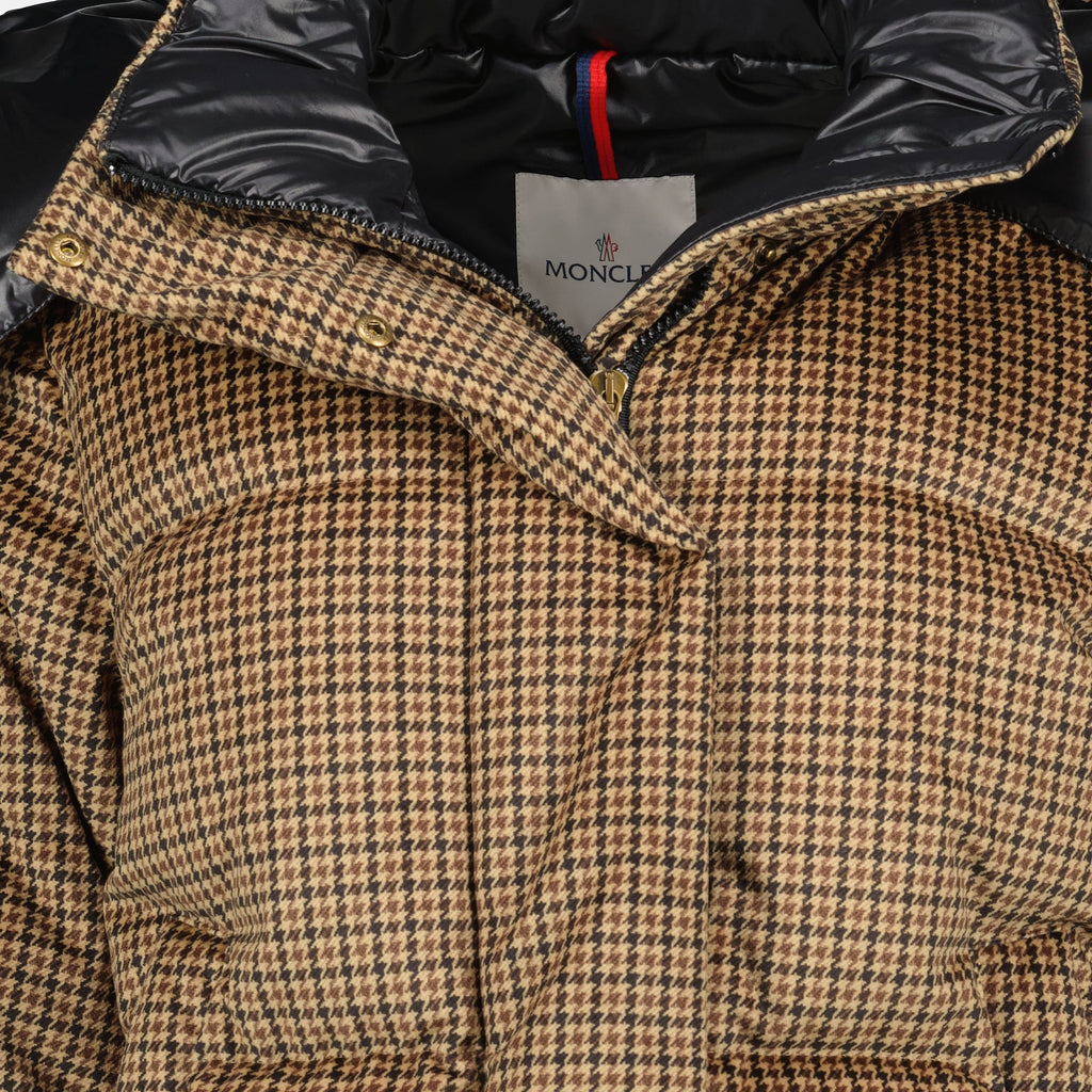 Moncler plaid down jacket, winter outerwear, chocolate brown jacket, ladies down jacket, functional winter fashion