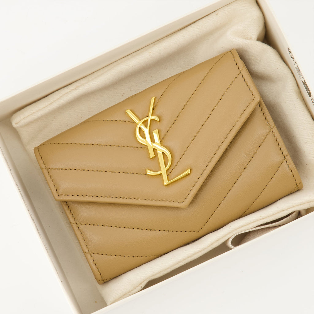 beige wallet, Saint Laurent wallet, leather wallet, luxury accessories, designer wallet