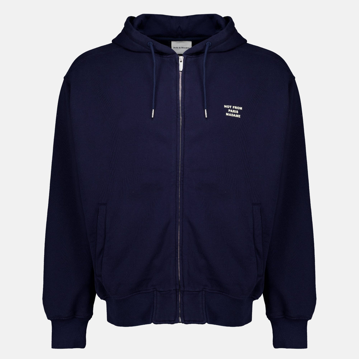 Sudadera azul marino con cremallera y eslogan