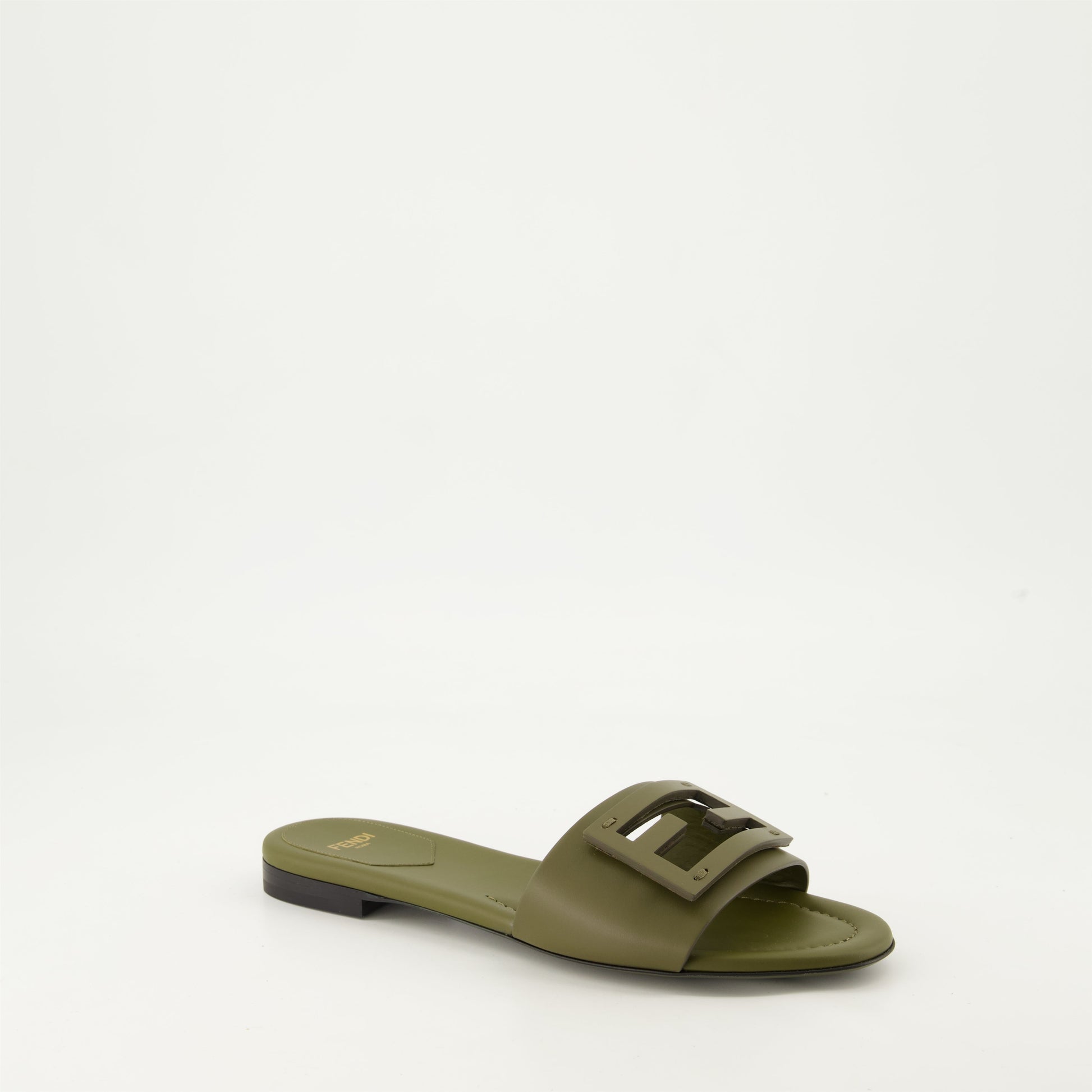 Baguette sandals, khaki leather sandals, metal FF strap, flat sandals, fall winter 2024