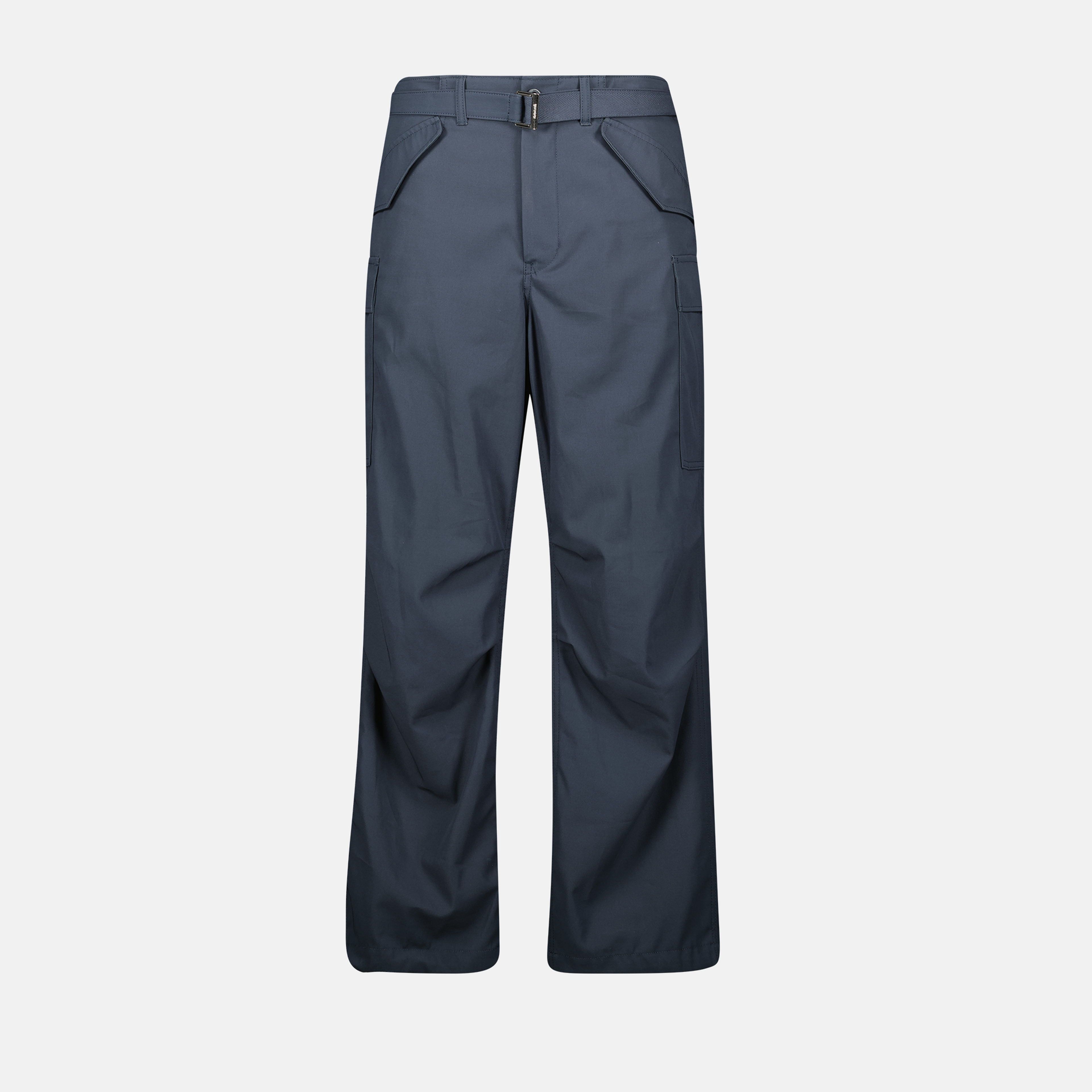 cotton cargo pants, wide fit trousers, Sacai, five-pocket design, adjustable waistband