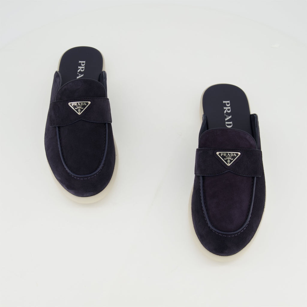 blue suede mules, Prada footwear, men's mules, designer slip-ons, luxury mules