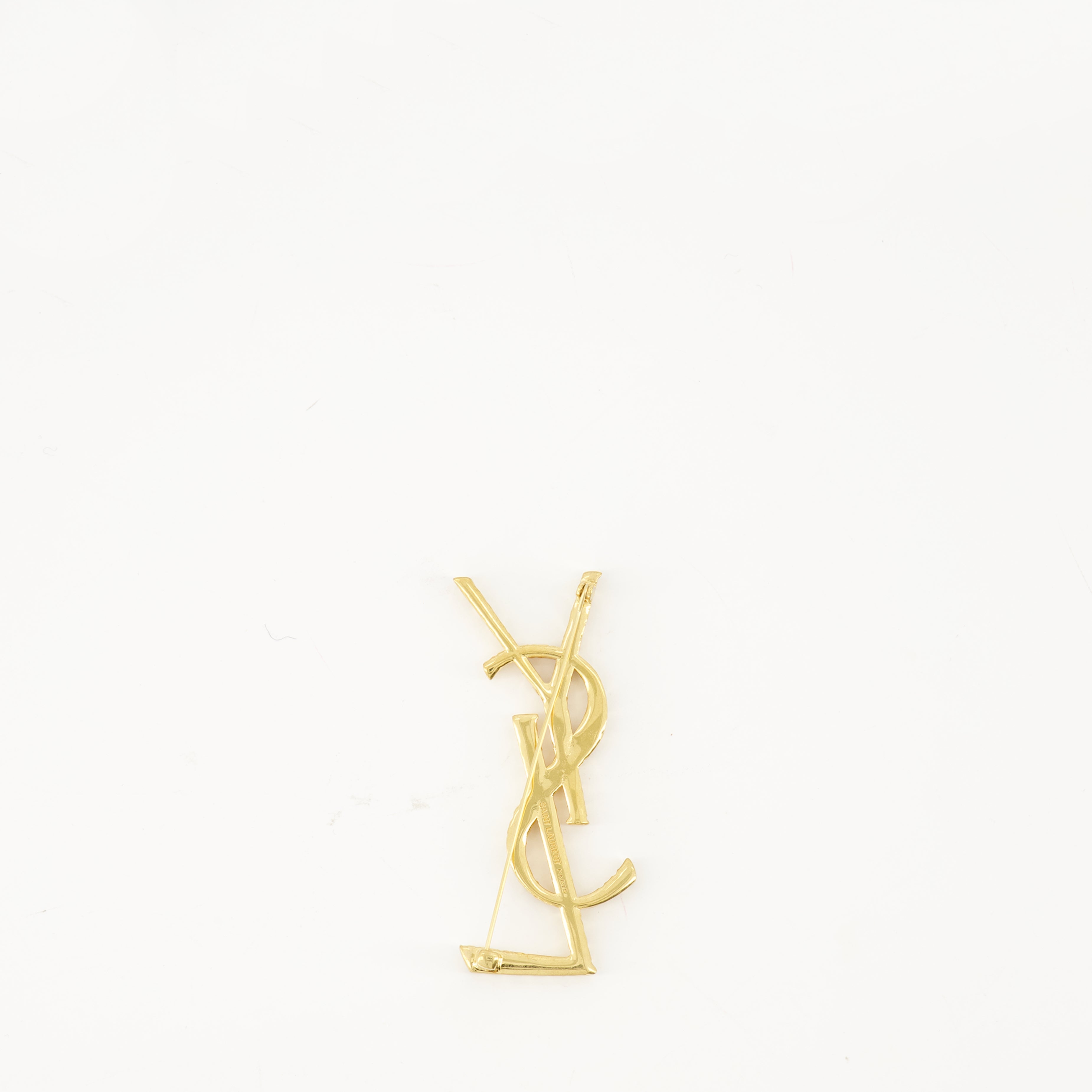 Cassandre brooch, Saint Laurent accessory, gold brooch, metal logo, fashion jewelry