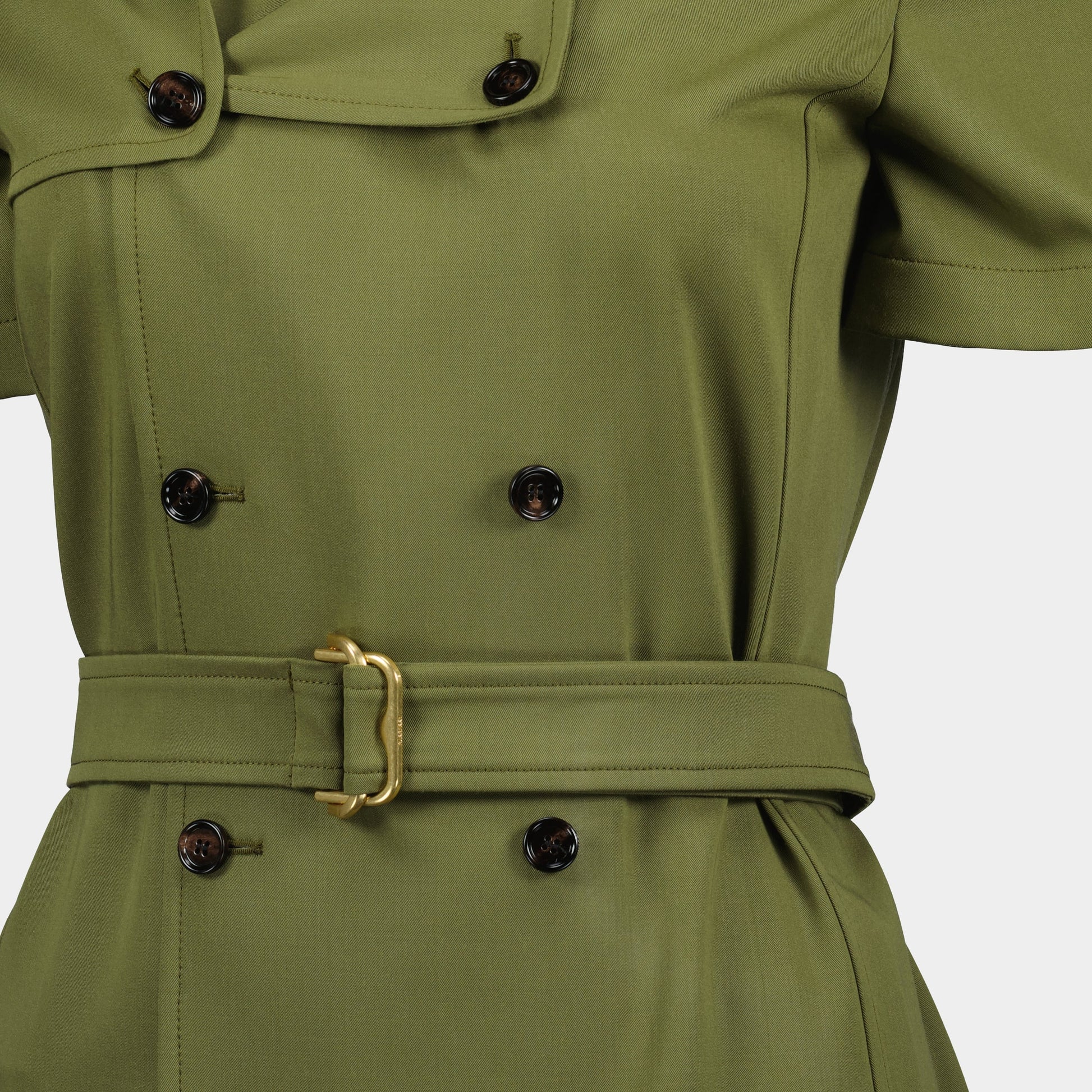 green trench dress, Burberry dress, mid-length dress, wool dress, adjustable waist dress