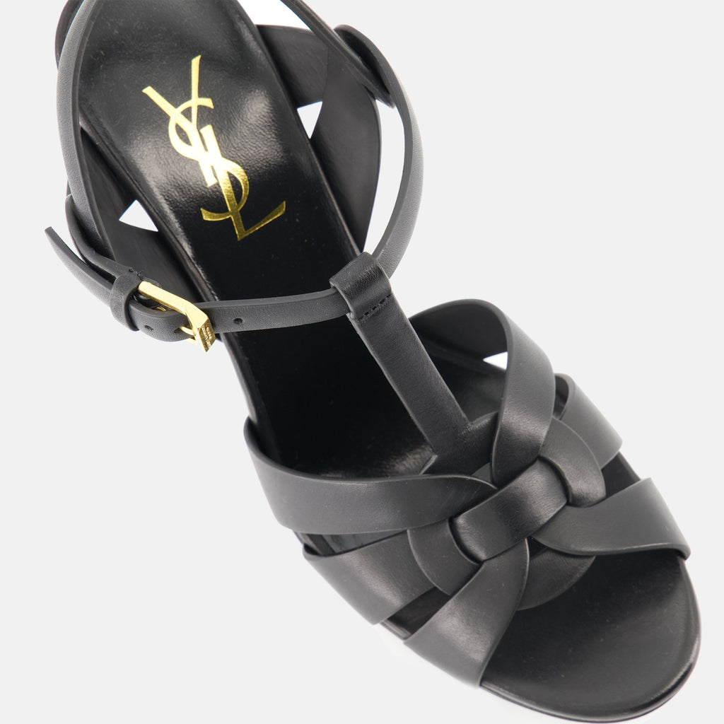 black heeled sandals, saint laurent sandals, elegant footwear, adjustable ankle strap sandals, platform heeled sandals