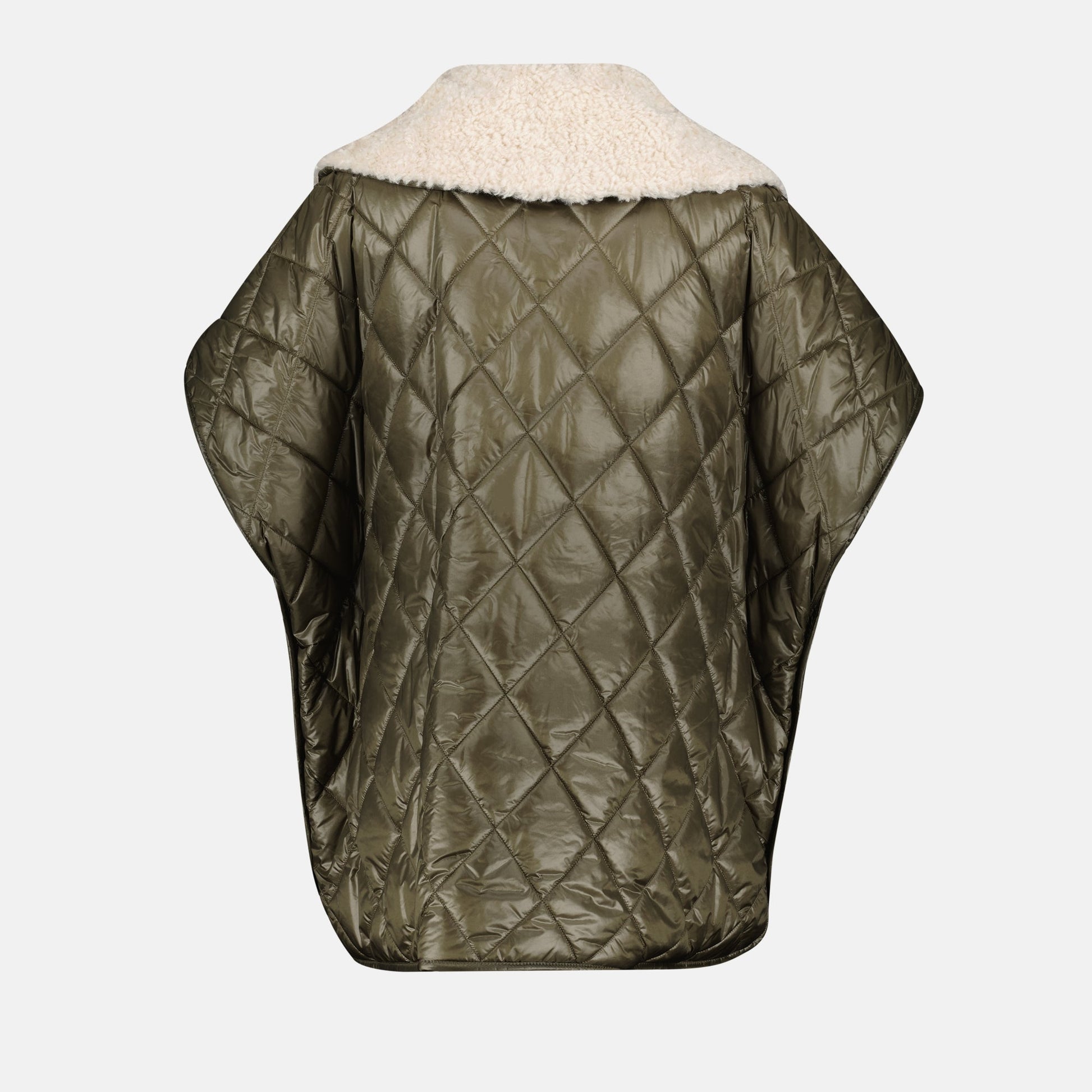 quilted cape, khaki outerwear, teddy collar, oversized fashion, double-zip closure