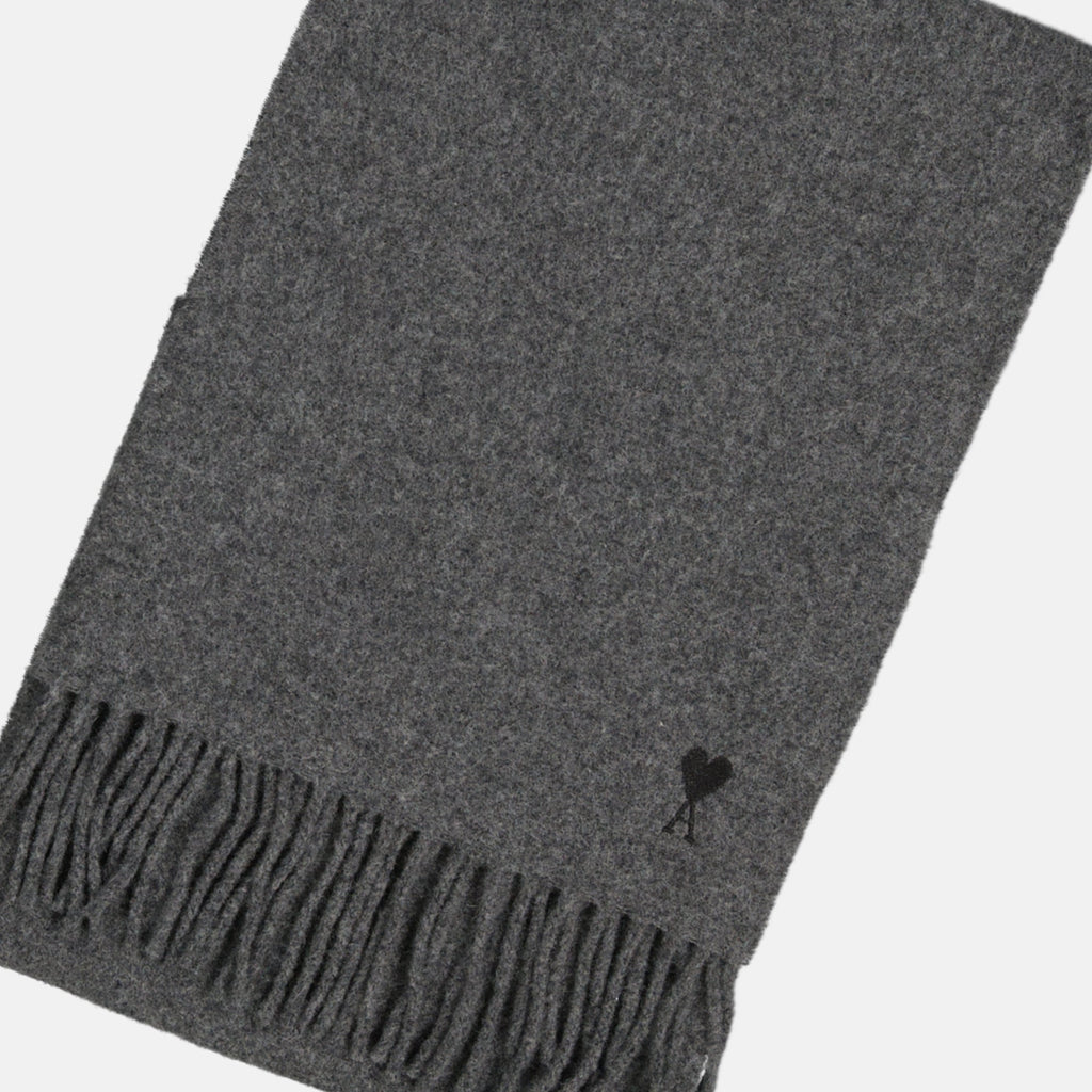 grey wool scarf, Ami Paris, fringed edges, Autumn-Winter 2025, unisex scarf