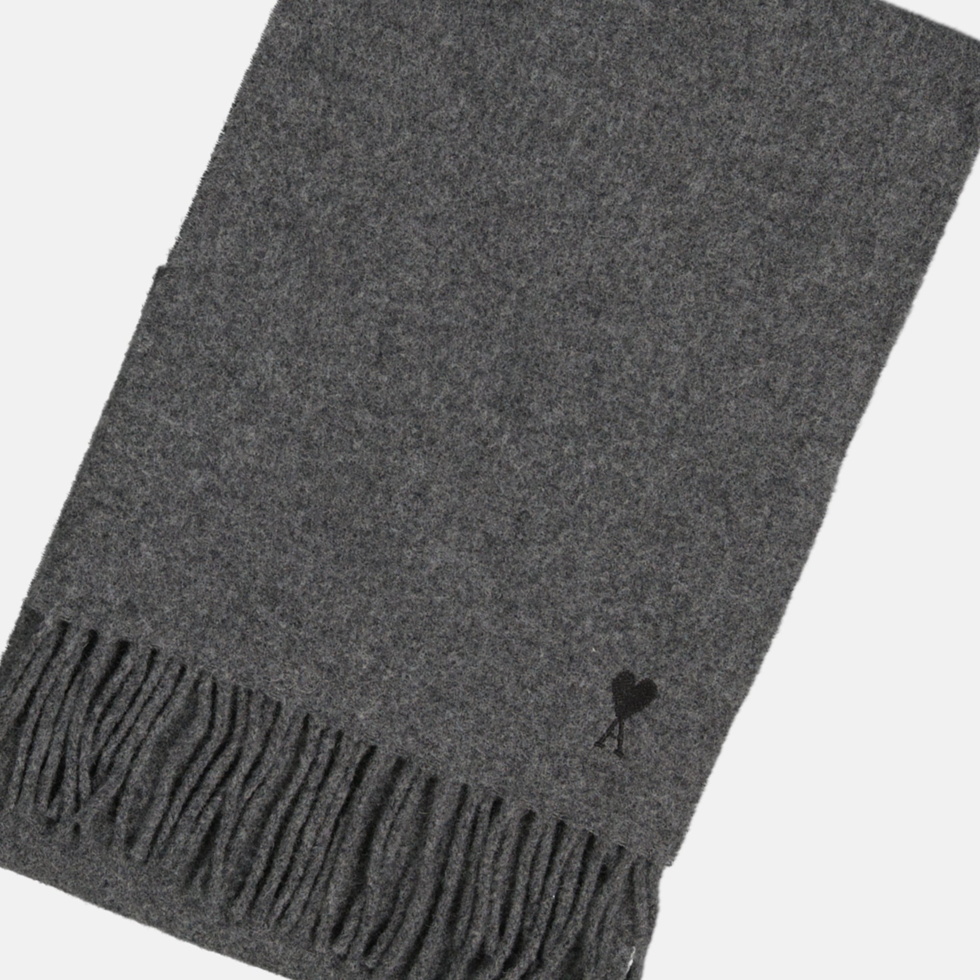 grey wool scarf, Ami Paris, fringed edges, Autumn-Winter 2025, unisex scarf