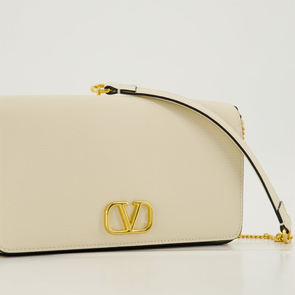 VLogo Clutch, Ivory Leather Bag, Valentino Accessory, Chain Strap Clutch, Grained Leather Purse