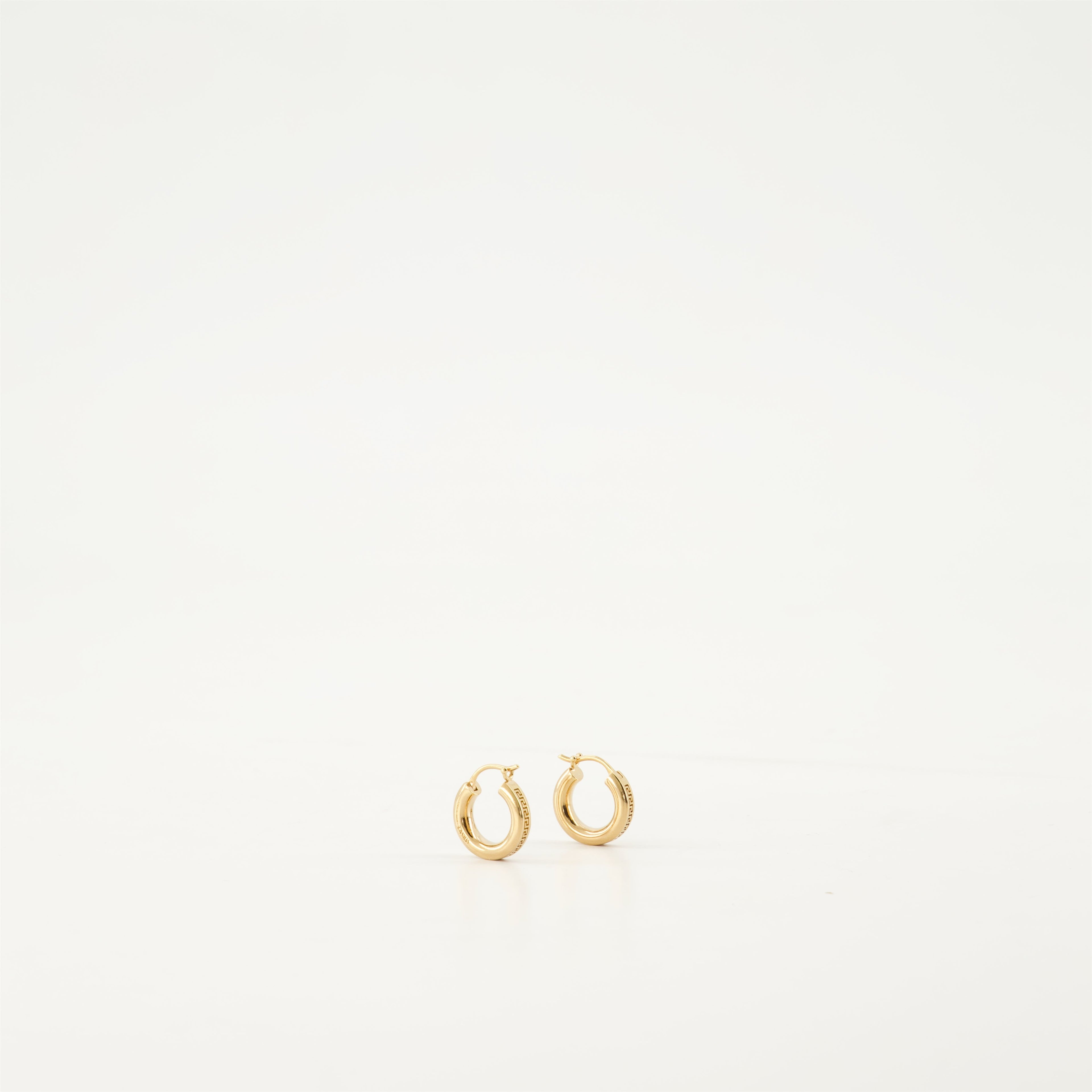 Greca earrings, gold hoop earrings, hypoallergenic jewelry, engraved logo earrings, classic clasp earrings