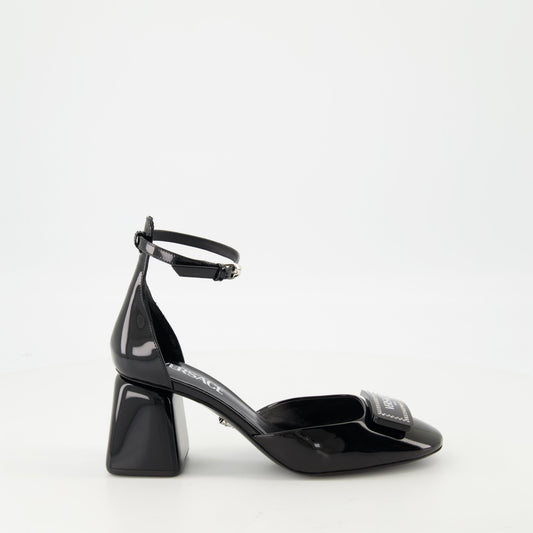 black patent leather heels, Versace shoes, adjustable ankle strap heels, elegant footwear, Spring-Summer collection