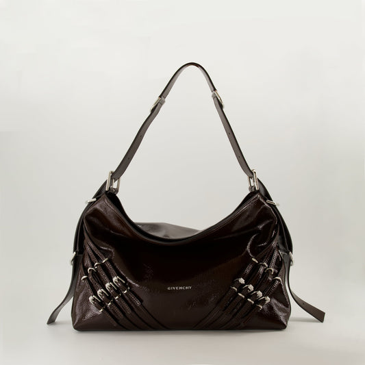 patent leather bag, adjustable shoulder strap, silver-tone accents, Givenchy bag, V-shape design