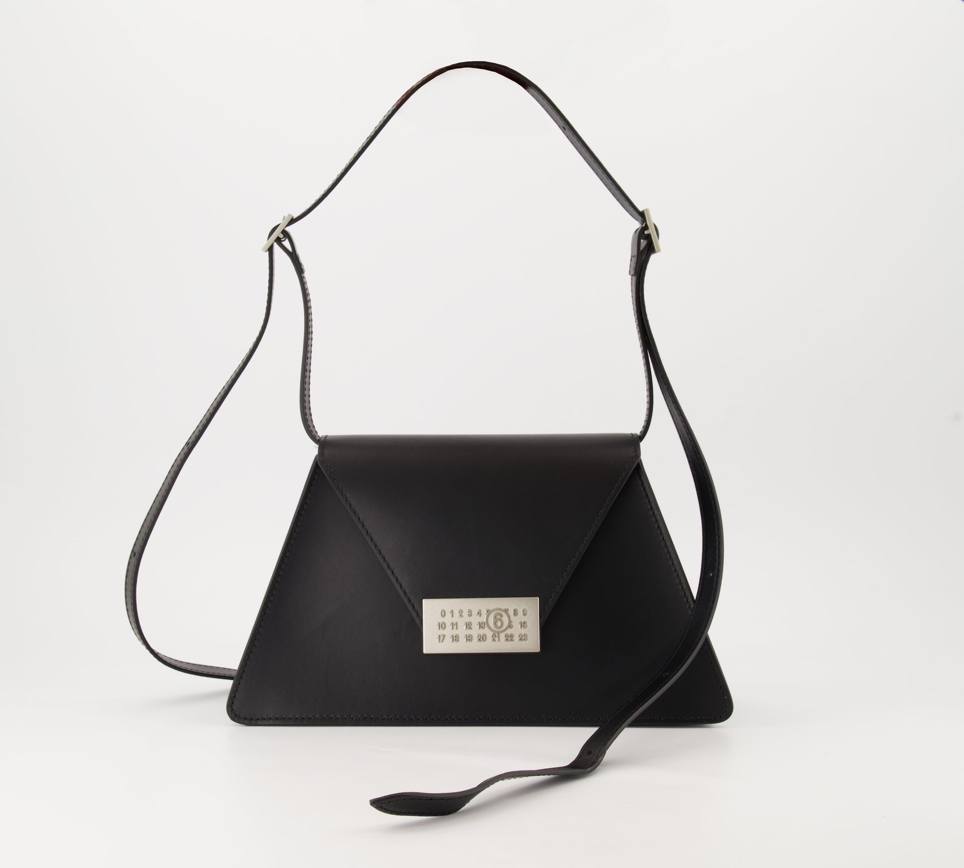 leather shoulder bag, MM6 collection, luxury accessories, adjustable strap, black designer bag