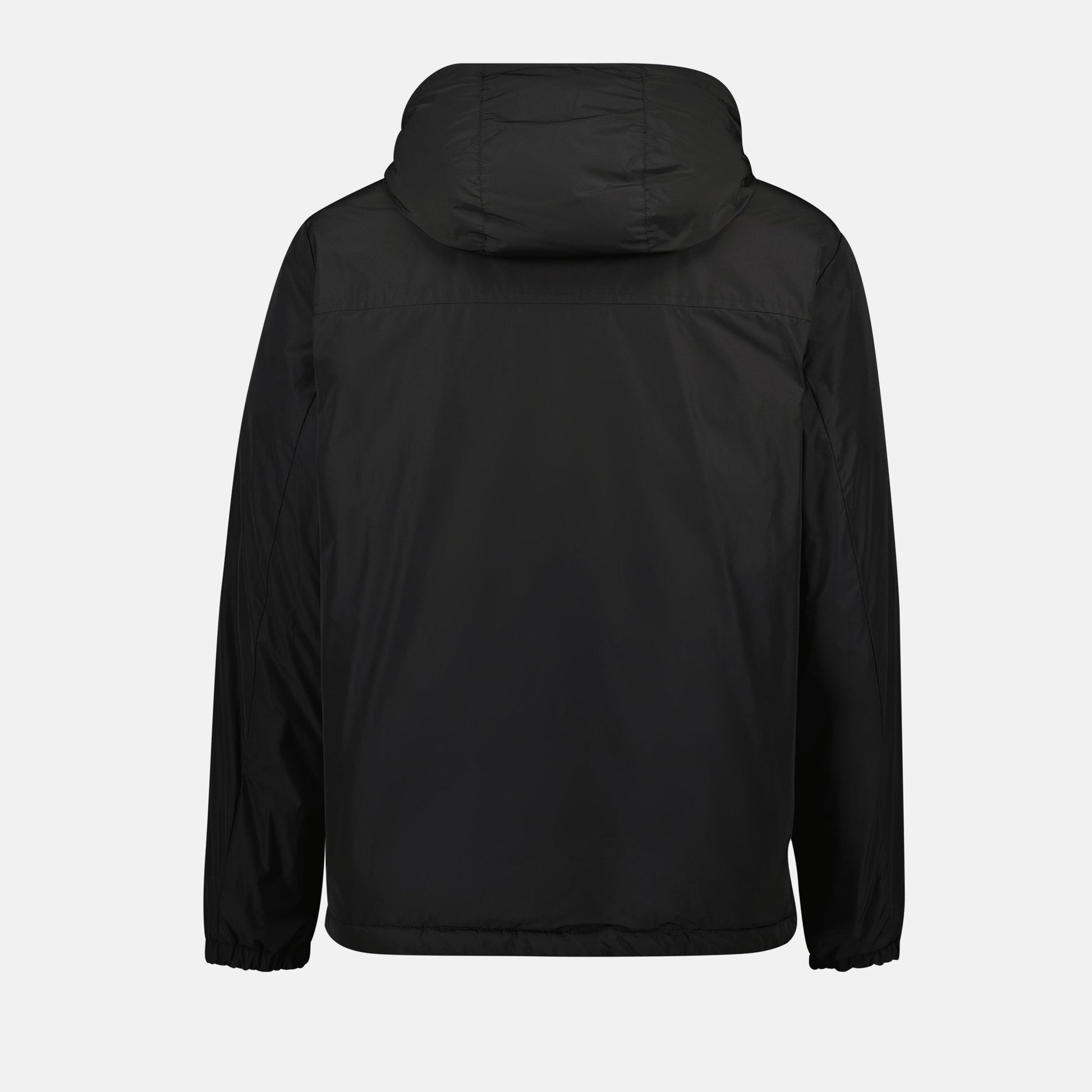 black windbreaker, adjustable hood, leather details, autumn-winter jacket, ribbed edges