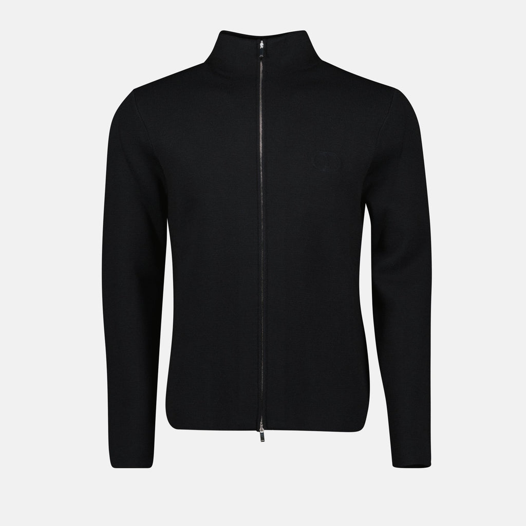 wool pullover, high collar, embroidered logo, zip closure, contemporary style