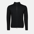 wool pullover, high collar, embroidered logo, zip closure, contemporary style