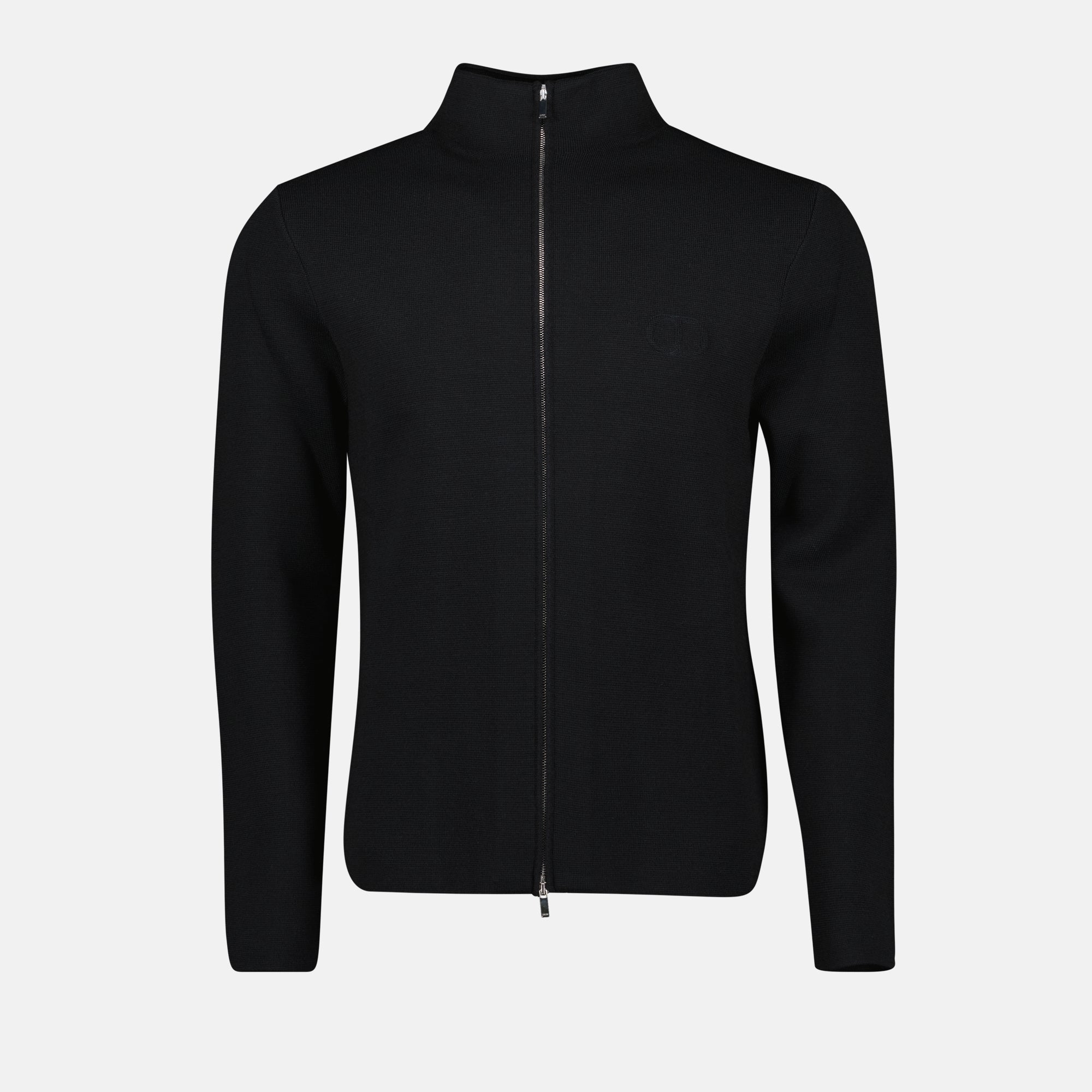 wool pullover, high collar, embroidered logo, zip closure, contemporary style