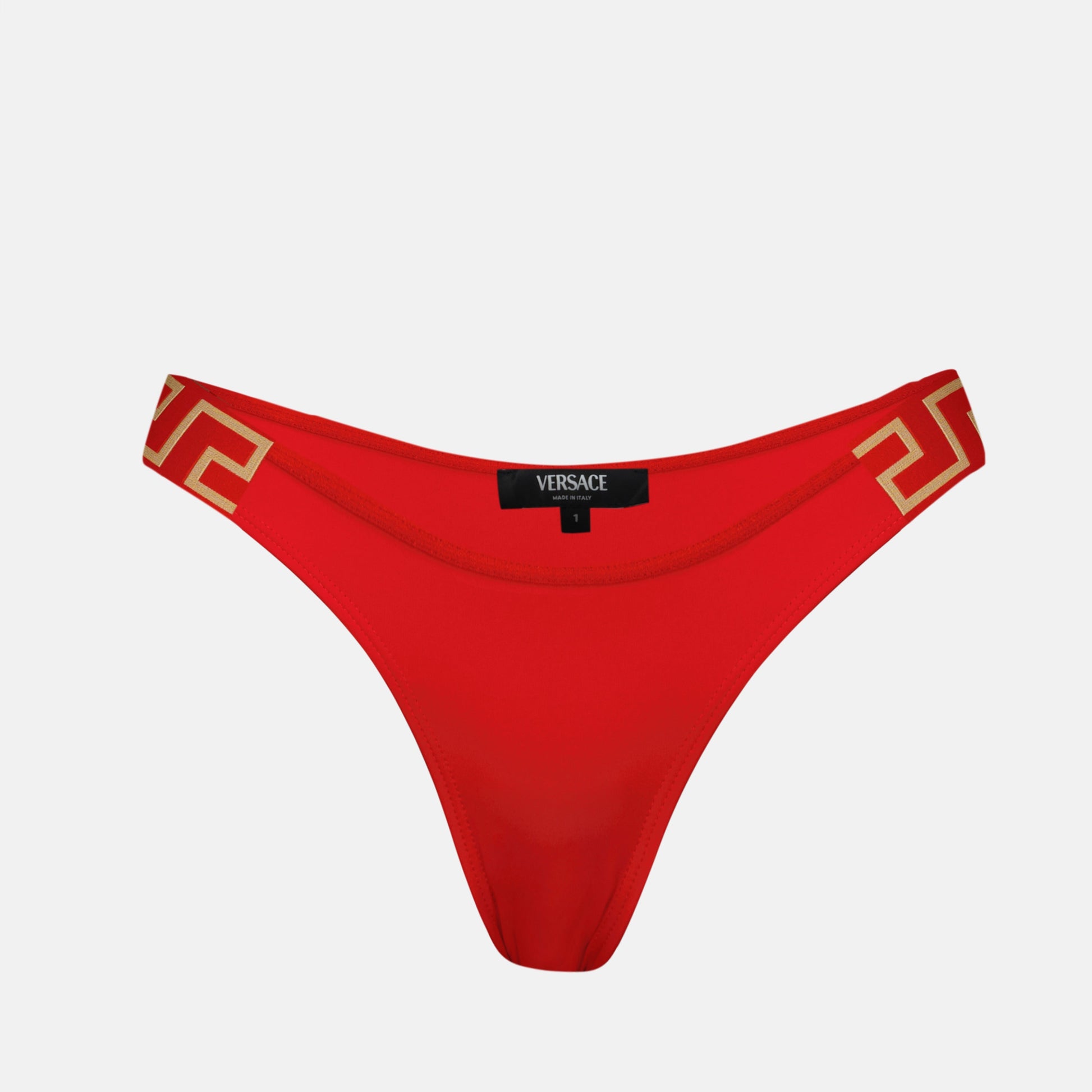 red bikini bottoms, Greca elastic, Versace bikini, high-cut design, Autumn-Winter 2024