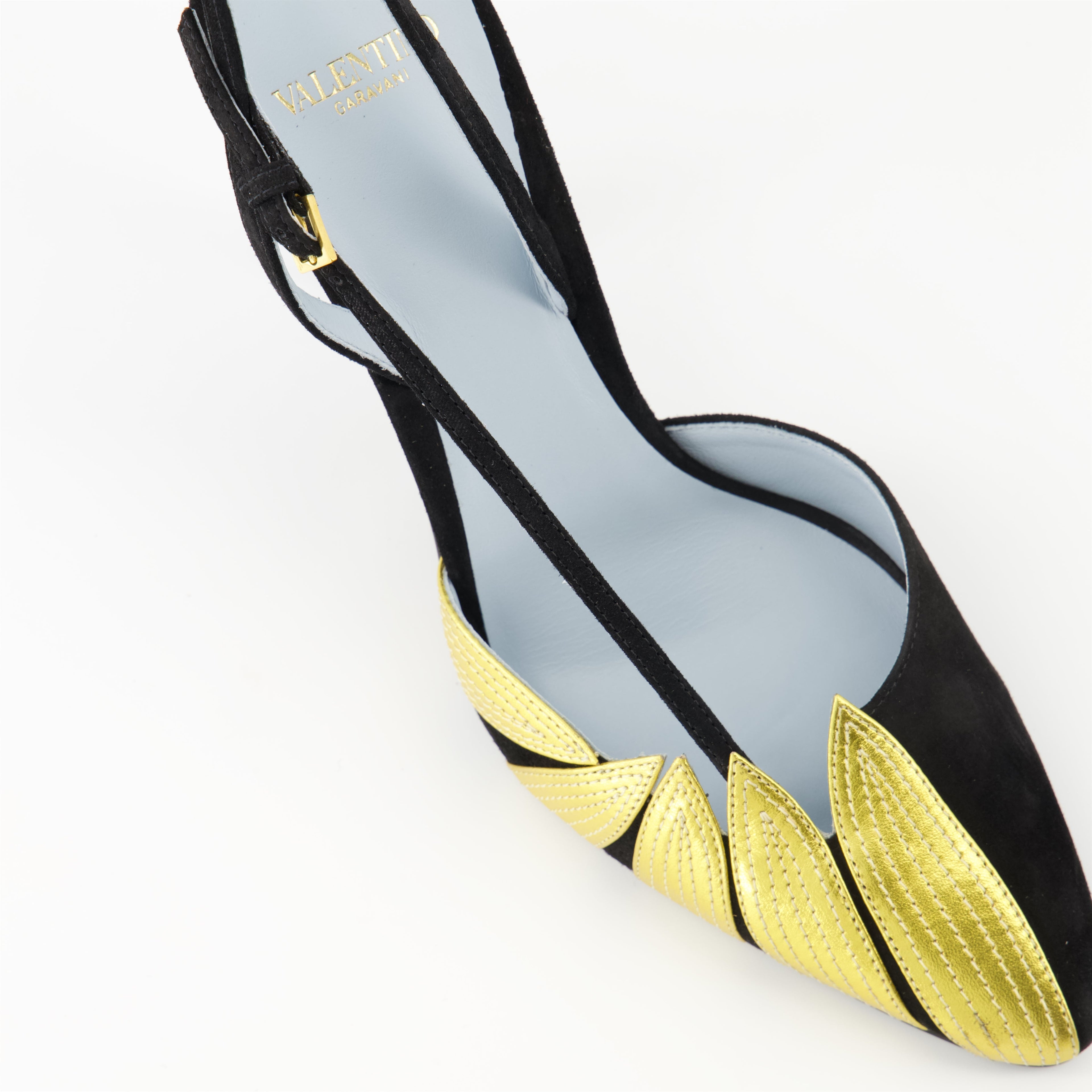 Valentino Garavani, Foliefoliage pumps, black and gold pumps, pointed toe pumps, adjustable ankle strap shoes