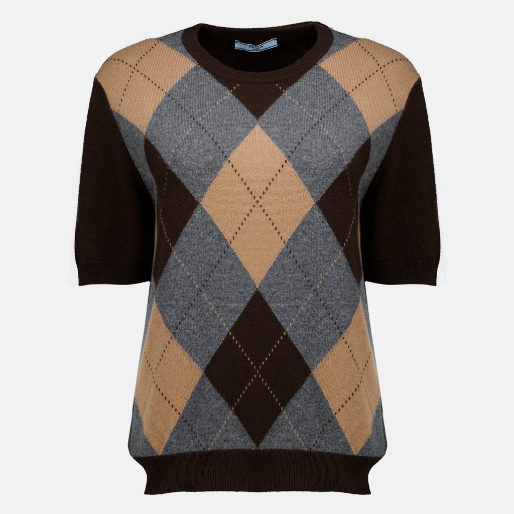 Kurzärmeliger Wollpullover mit Karomuster