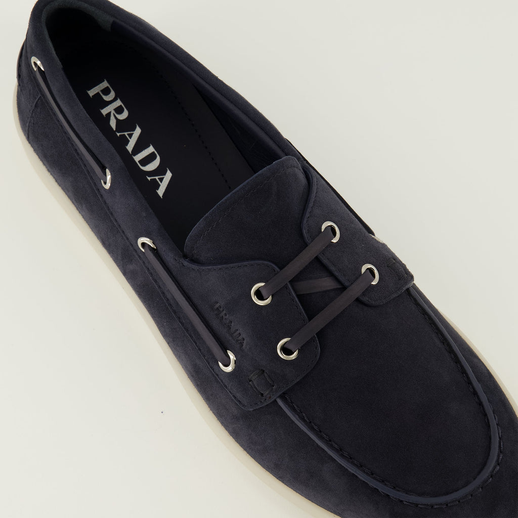Image of Suede Moccasins by Prada for Men - Season Spring-Summer 2026 - Top Detail View