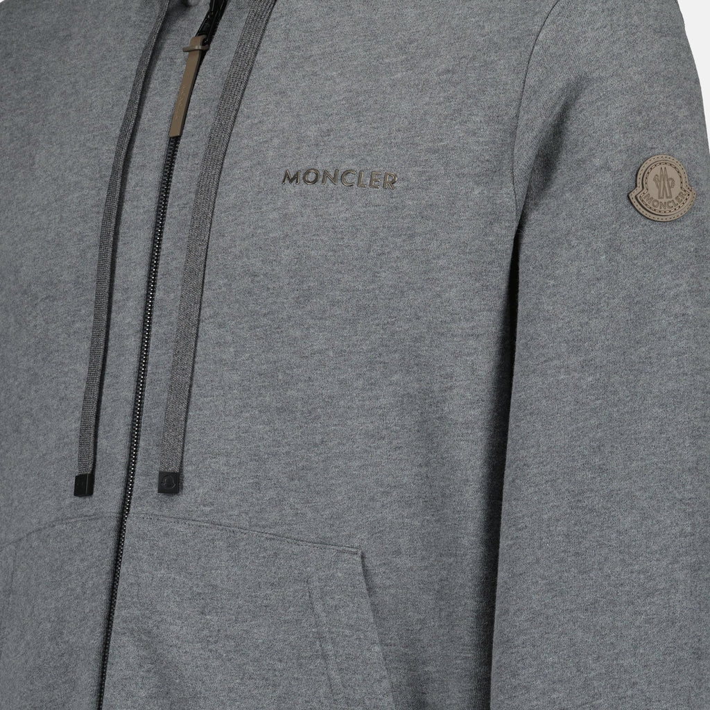 Moncler zip sweater, gray sweater, cotton fleece sweater, adjustable hood, luxury fashion