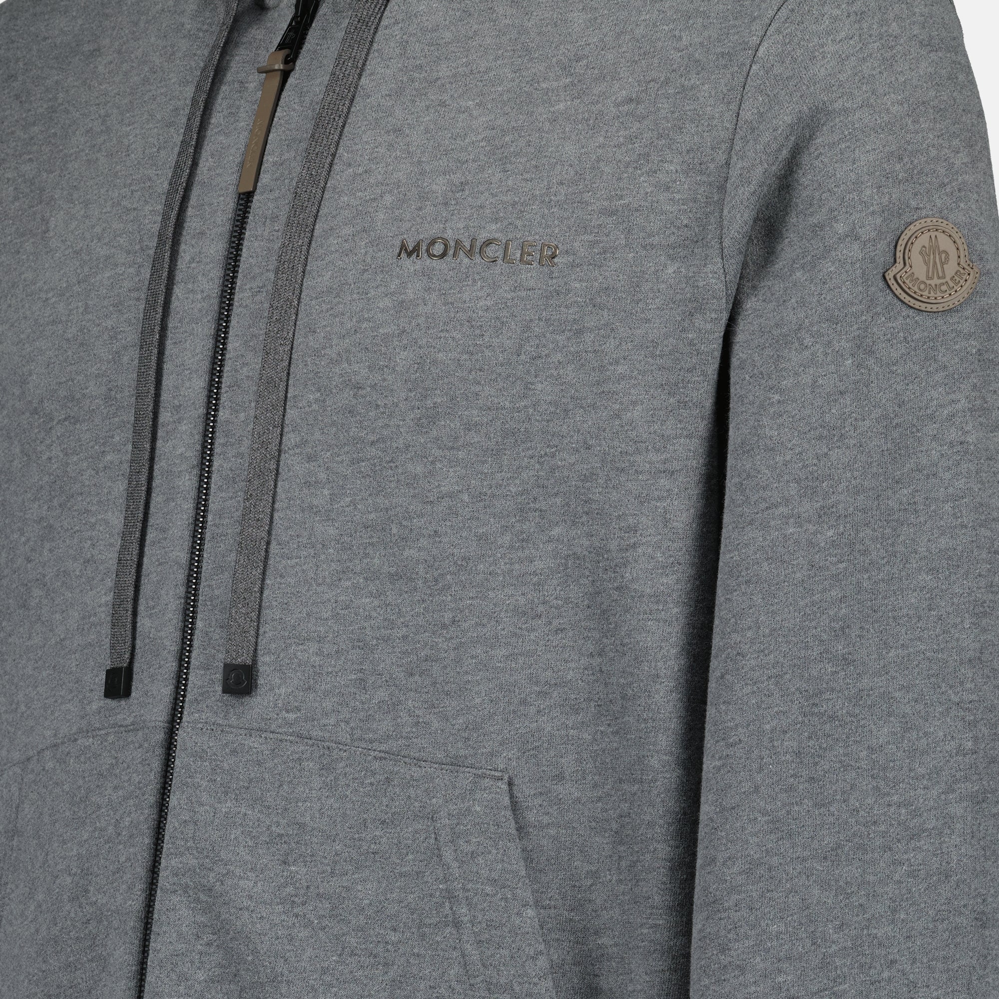 Moncler zip sweater, gray sweater, cotton fleece sweater, adjustable hood, luxury fashion
