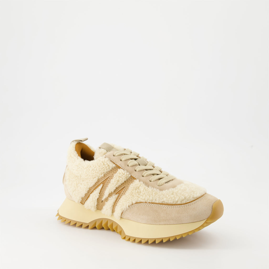 - Shearling sneakers- Moncler AW 2024- Luxury footwear- Beige suede sneakers- High-end casual shoes