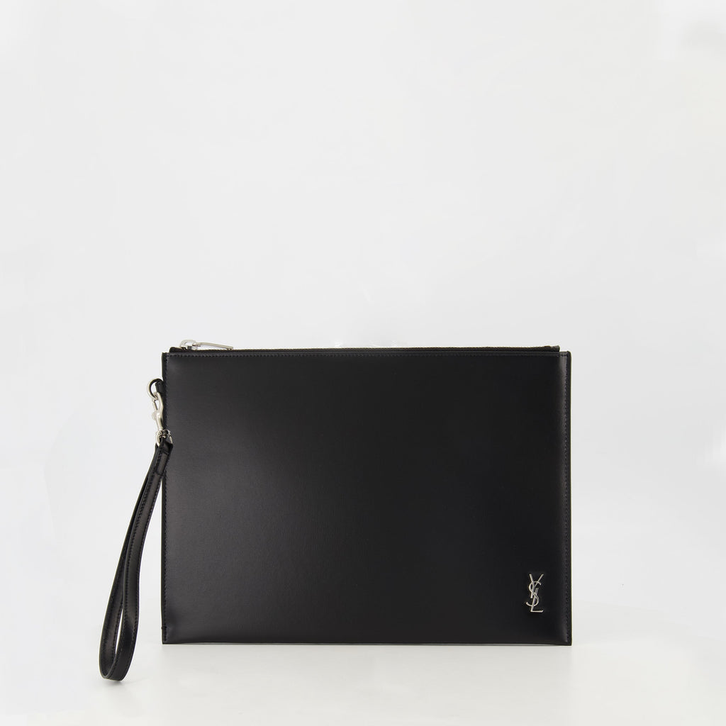 black leather pouch, Saint Laurent accessory, Ysl Cassandre, designer pouch, zip closure pouch