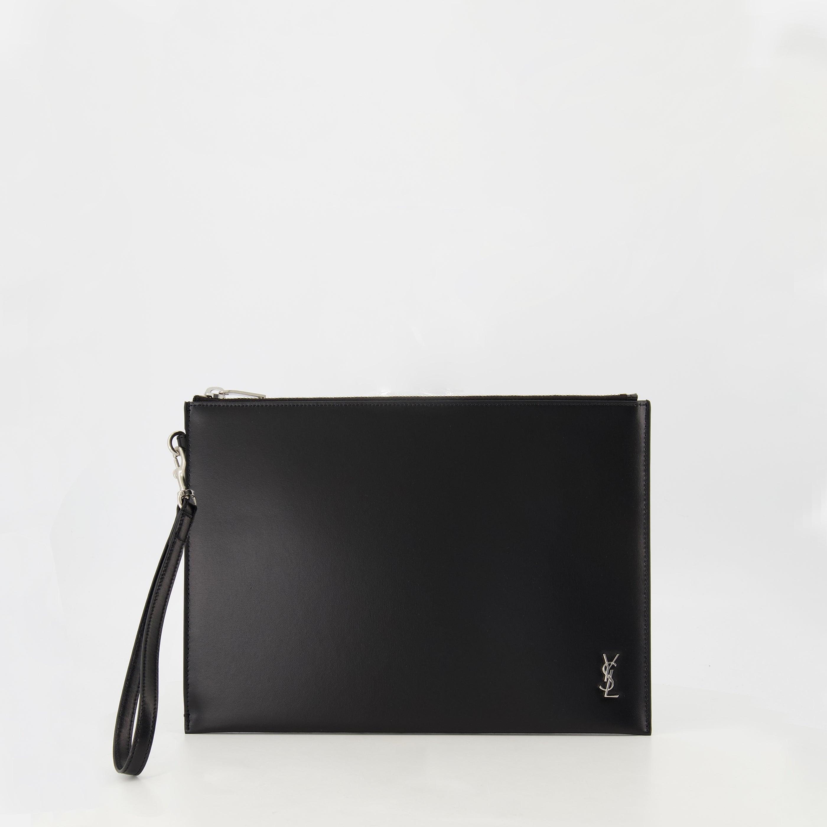black leather pouch, Saint Laurent accessory, Ysl Cassandre, designer pouch, zip closure pouch