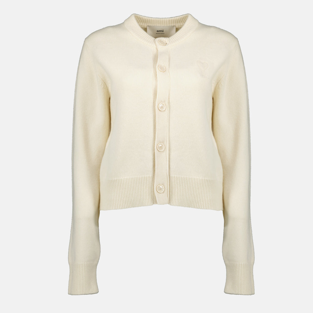 AMI de Coeur cardigan, wool and cashmere blend, white cardigan, versatile layering piece, elegant button-up design