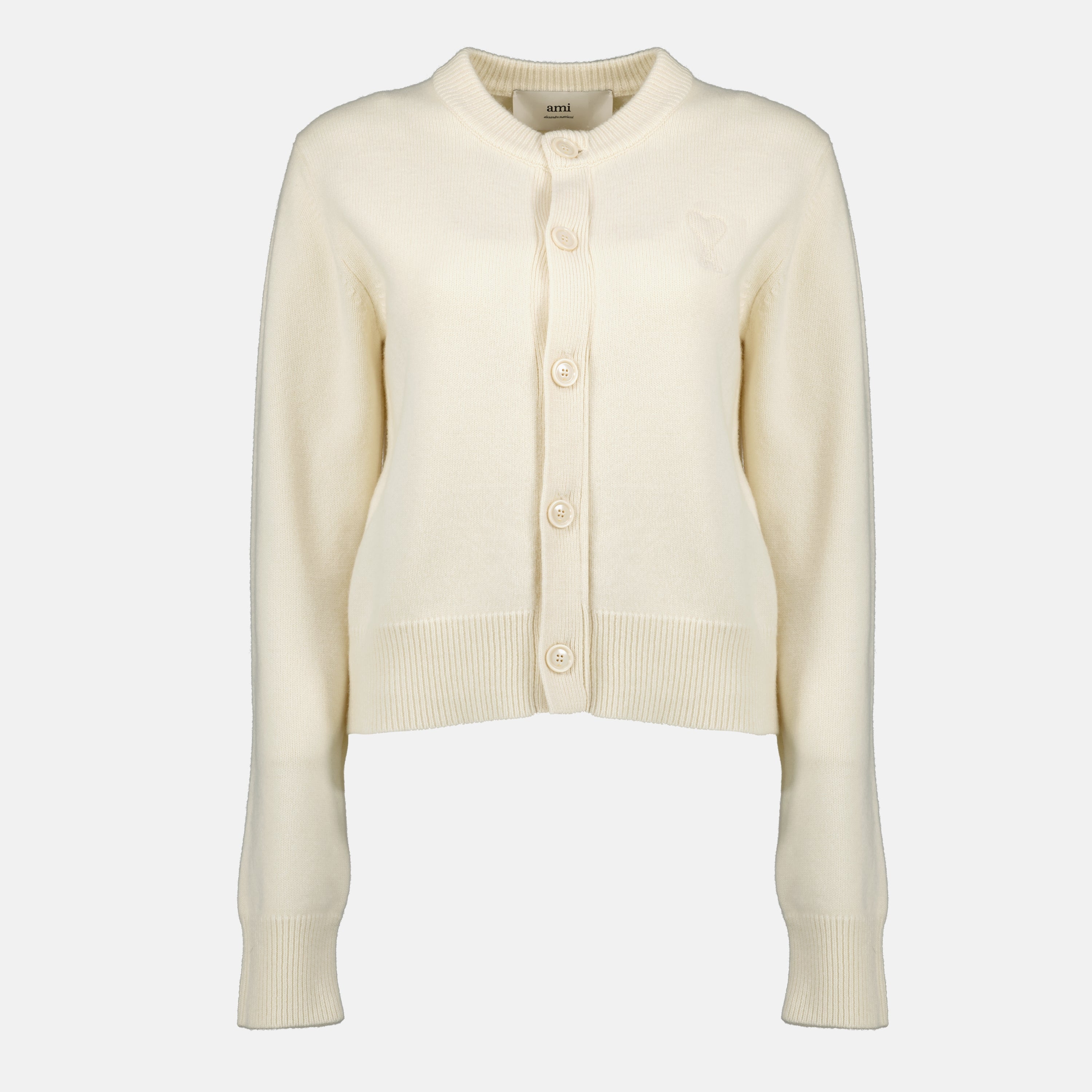 AMI de Coeur cardigan, wool and cashmere blend, white cardigan, versatile layering piece, elegant button-up design