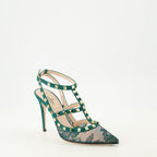 Imagem de sapatos de renda verde Rockstud da Valentino Garavani para Mulheres - Temporada Outono-Inverno 2025 - Vista frontal direita em três quartos